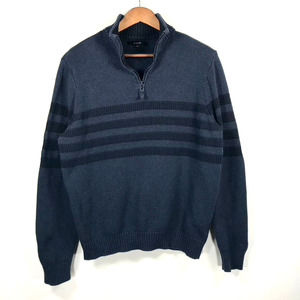 Tahari Sweater Mens XL Navy Blue 1/4 Zip Ribbed Striped Knit 100% Cotton Stretch